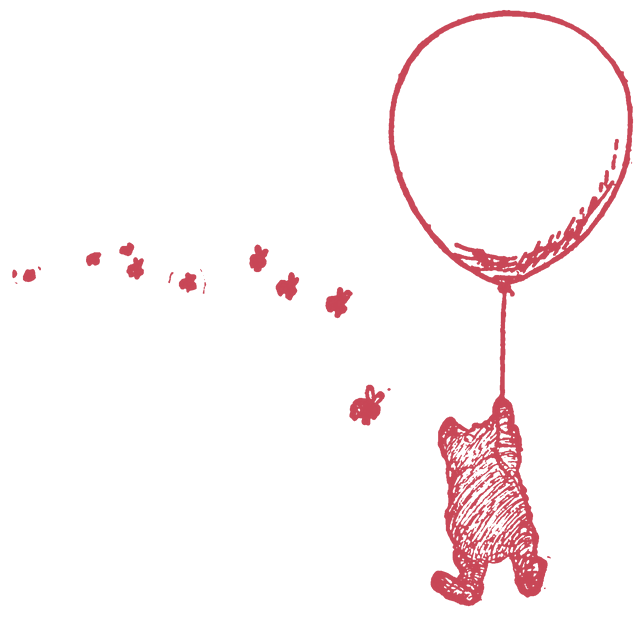 Winnie-the-Pooh floating up into the sky holding a balloon, trailing bees — from E. H. Shepard's 1926 illustrations.