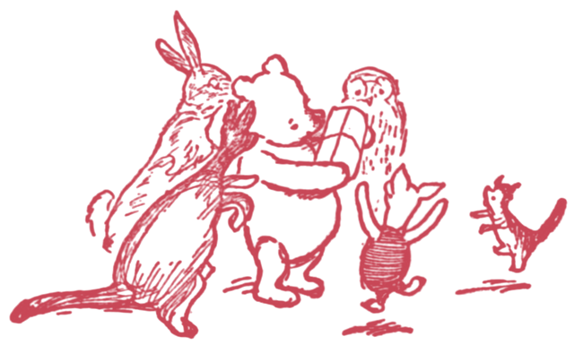 Winnie-the-Pooh receiving a gift from Owl, with Rabbit and Piglet looking on &mdash; from E. H. Shepard's 1926 illustrations.